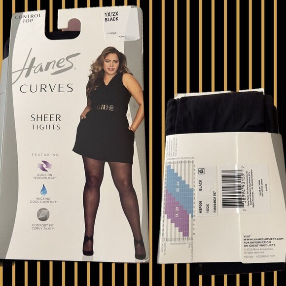 Hanes Curves 1X/ 2X Black Sheer Control Top Glide On Technology Wicking Tights - Picture 1 of 3